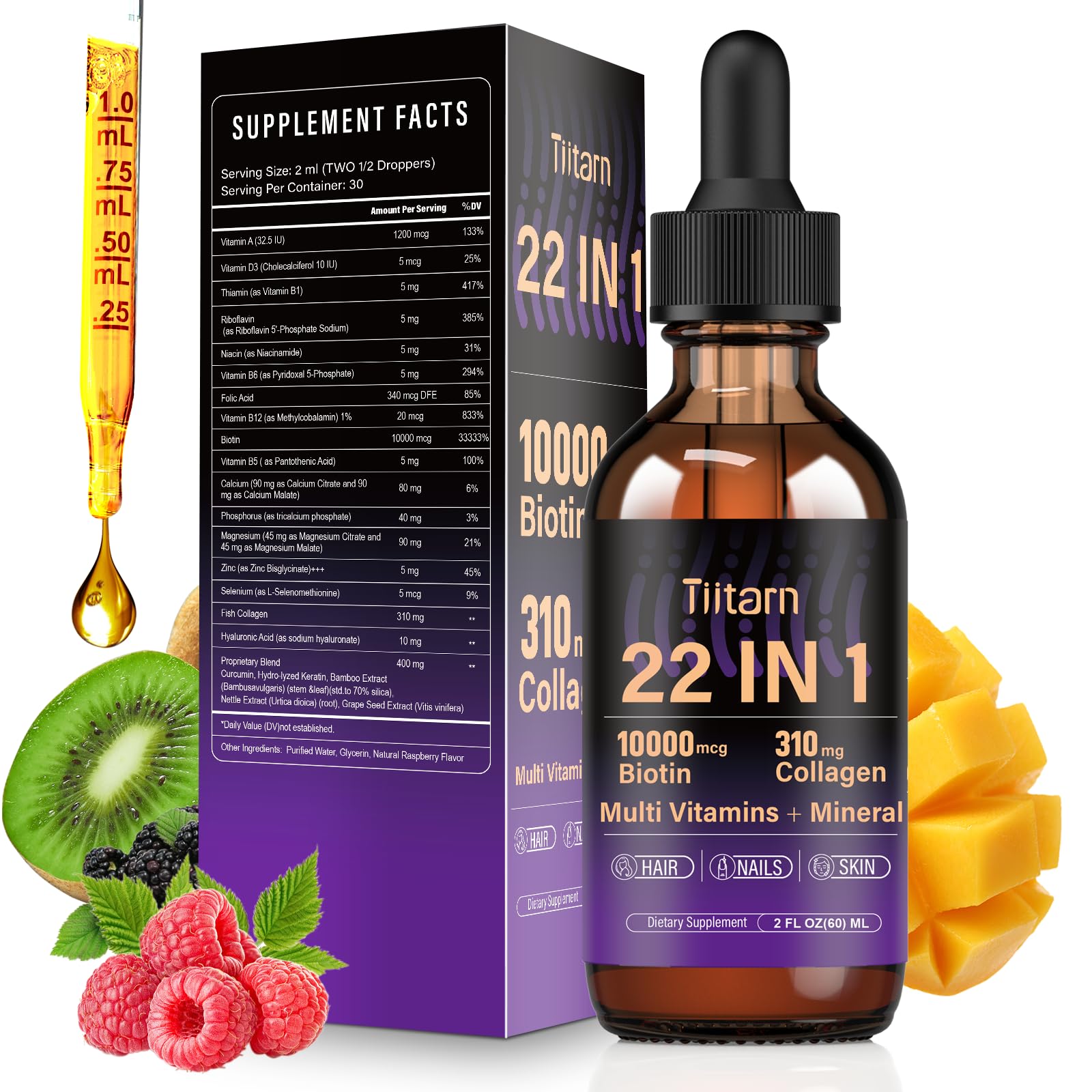 Liquid collagen biotin hyaluronic acid bottle on white background