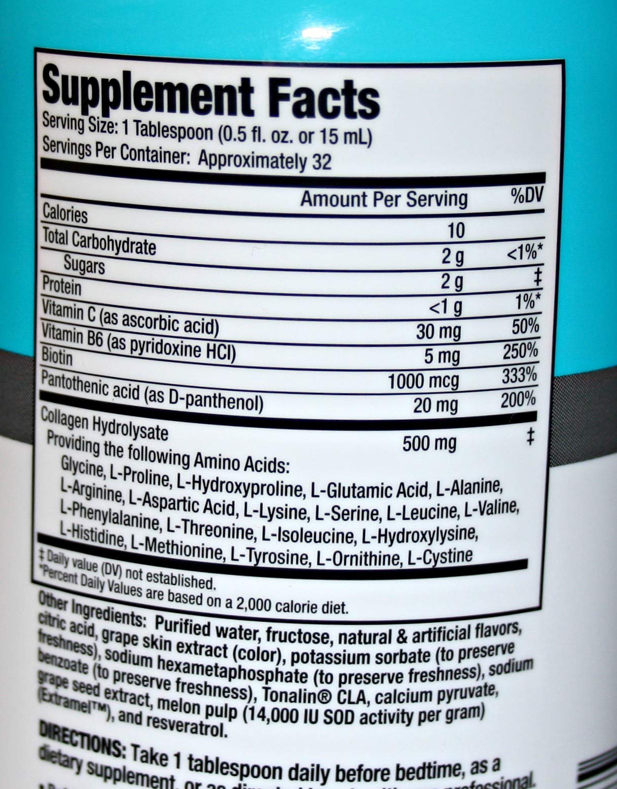 Close-up of the grape-flavored Liquid Collagen with Biotin and Panthenol for beauty support