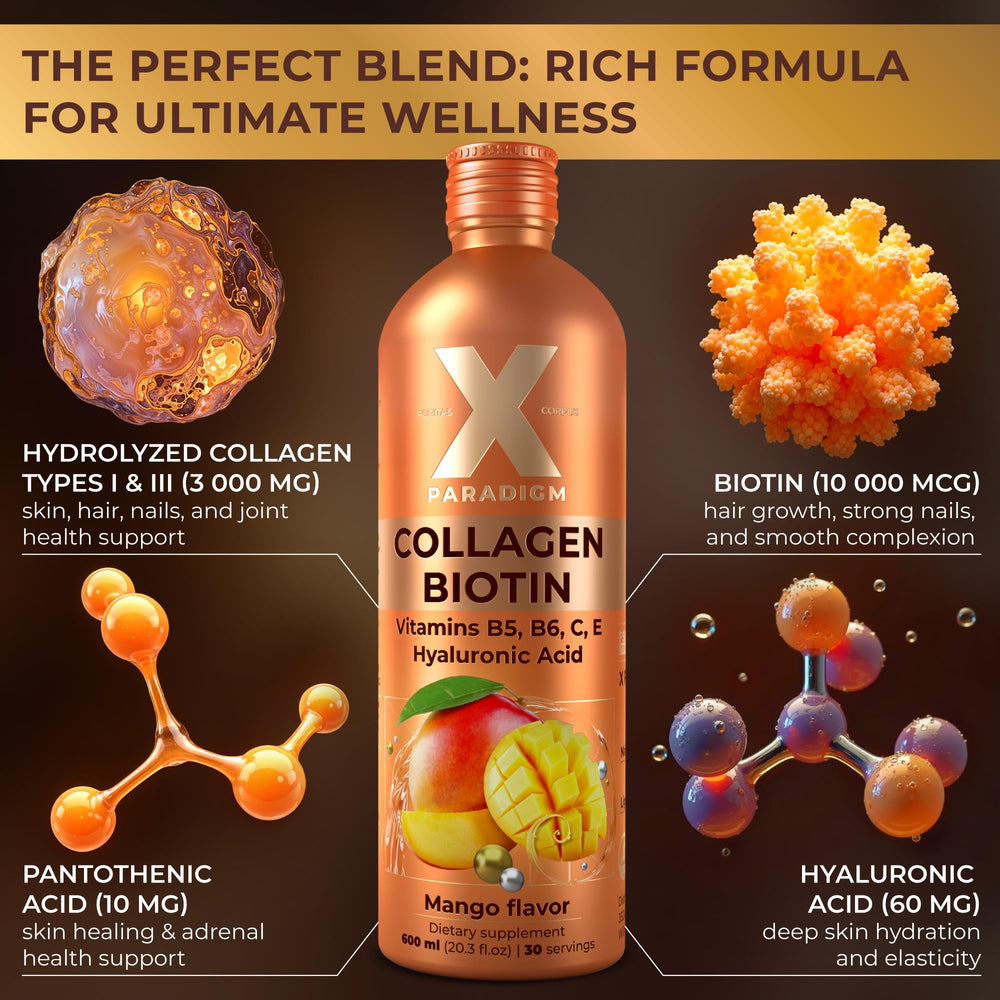 Close-up of liquid collagen bottle with label and ingredients