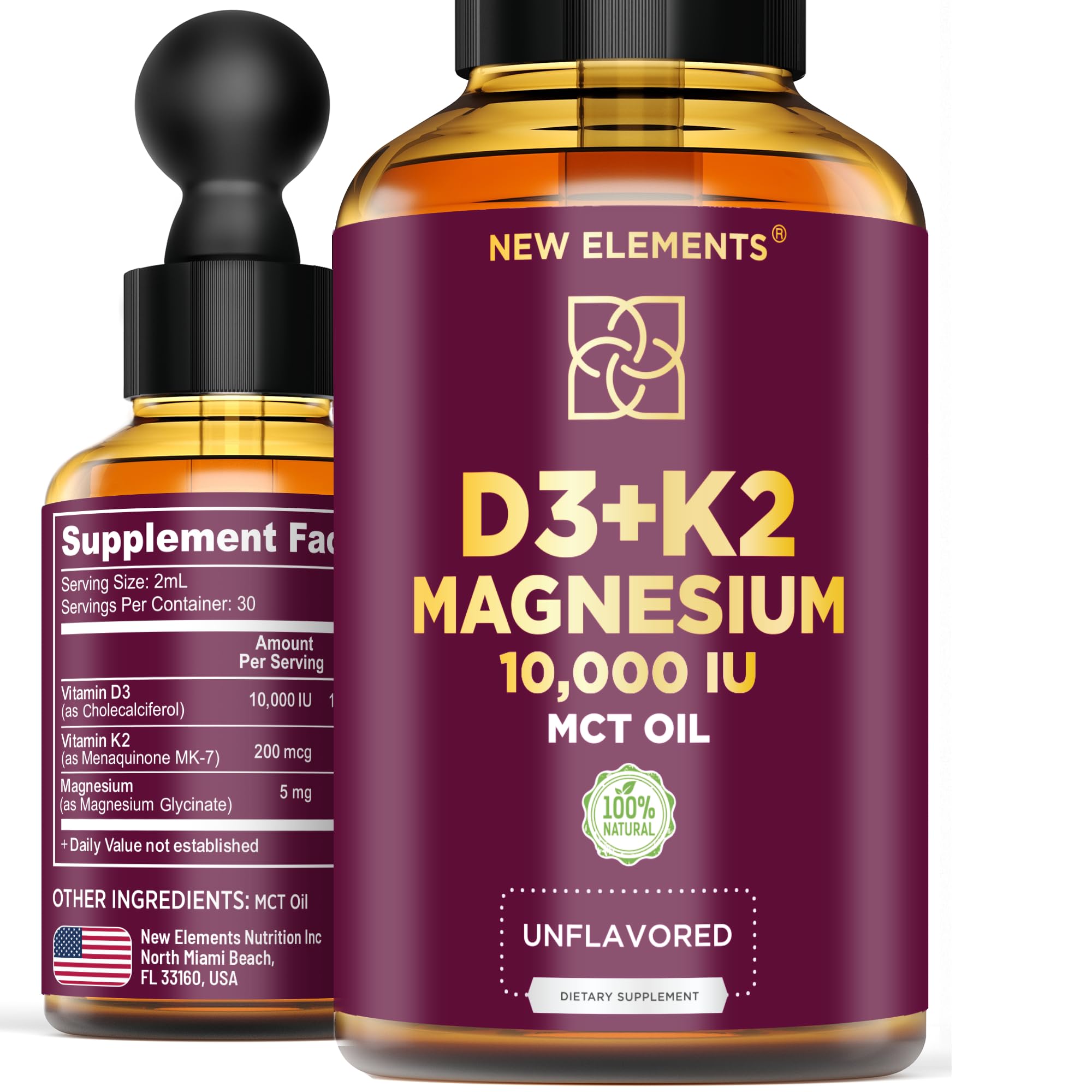 Bottle of Liquid Vitamin D3 with K2 and Magnesium Glycinate (hero image)