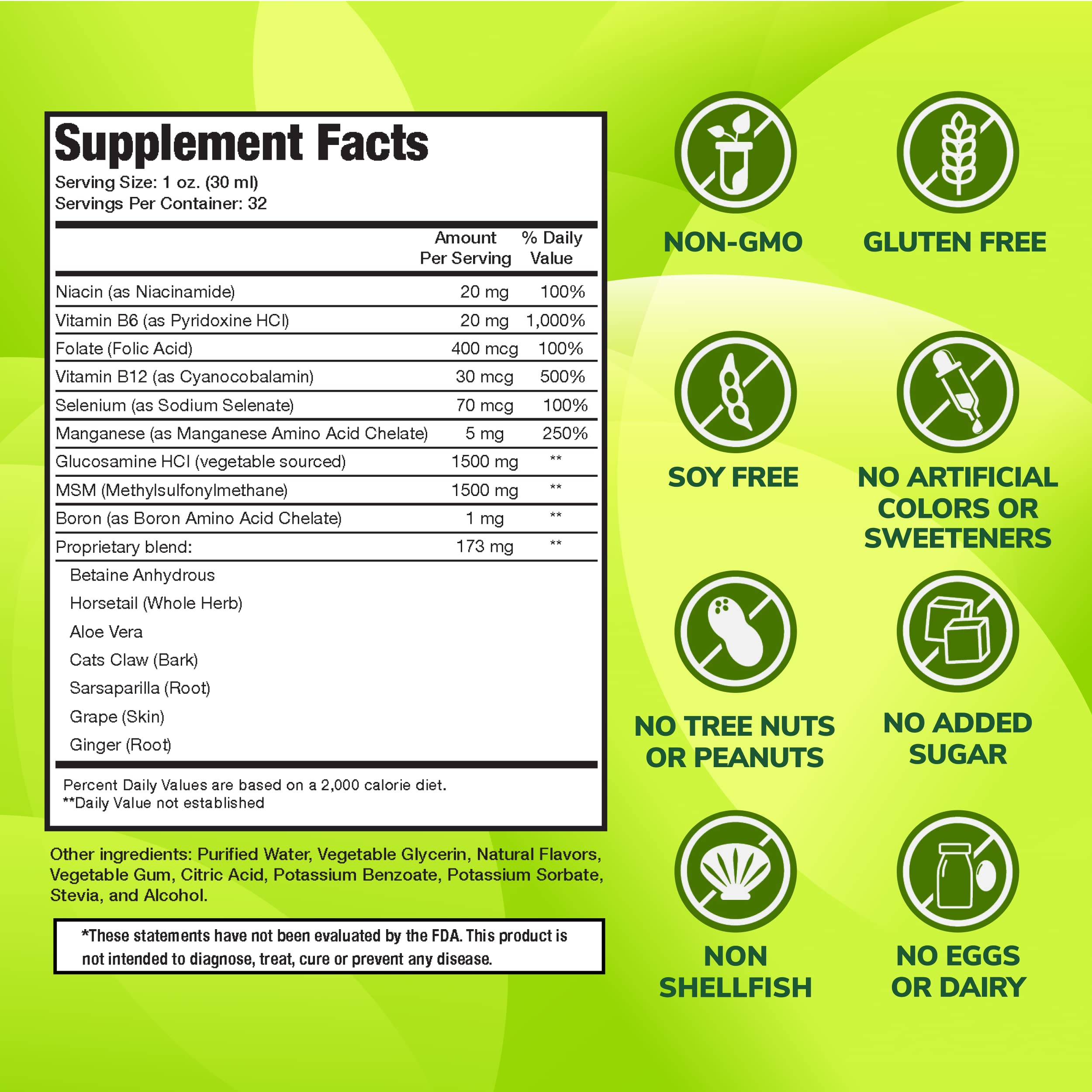 Close-up of bottle label showing 1500mg glucosamine and MSM