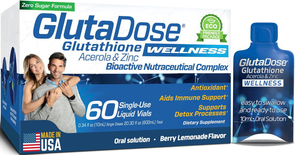 Bottle of liquid glutathione supplement with lemon berry acerola flavor