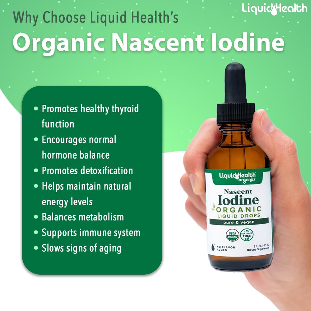 USDA Organic and non-GMO icons on iodine drops label