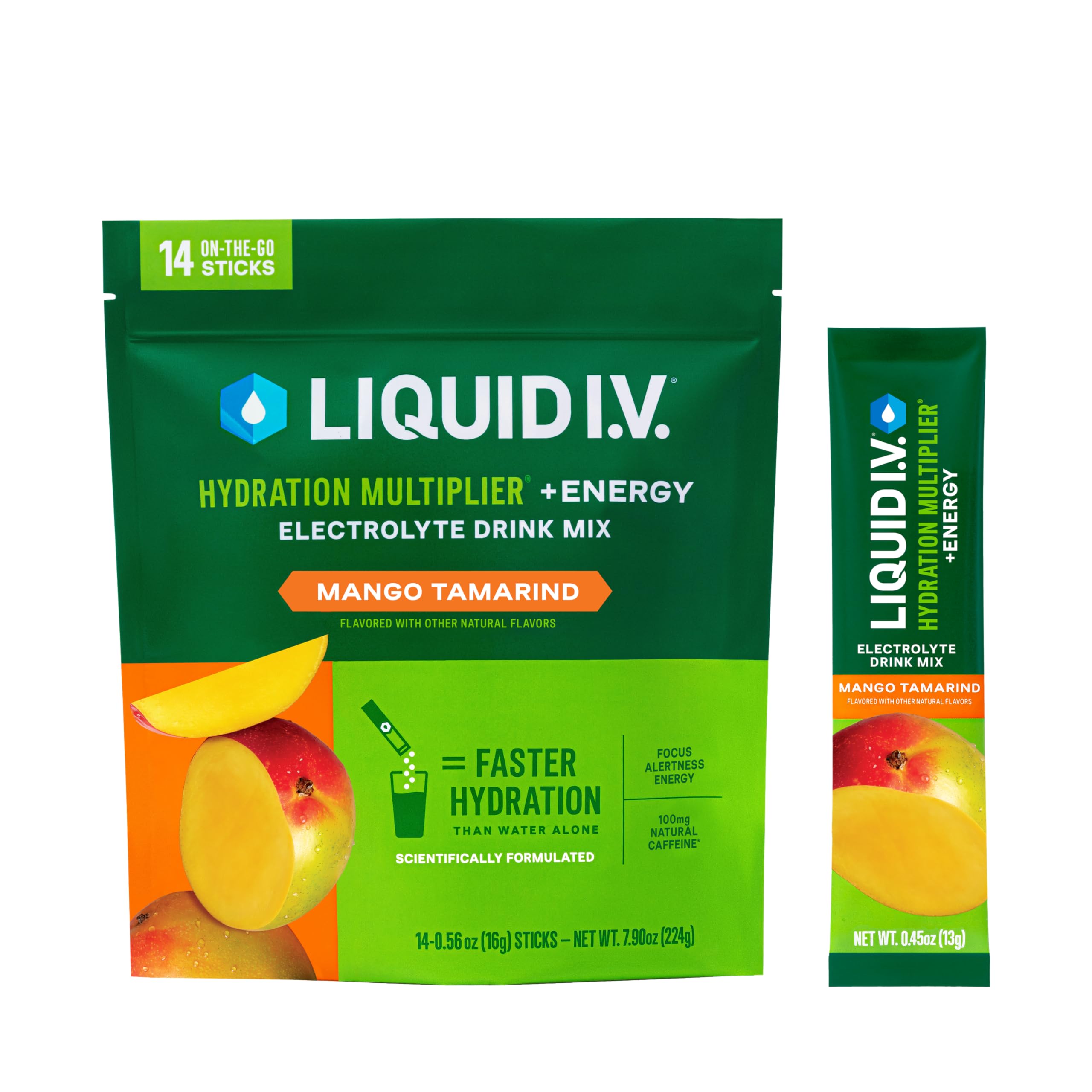 Liquid I.V. Hydration Multiplier +Energy Mango Tamarind single-serve packet poured into a glass of water