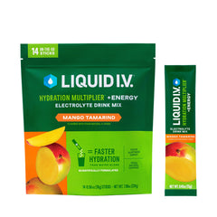 Liquid I.V. Hydration Multiplier +Energy Mango Tamarind single-serve packet poured into a glass of water