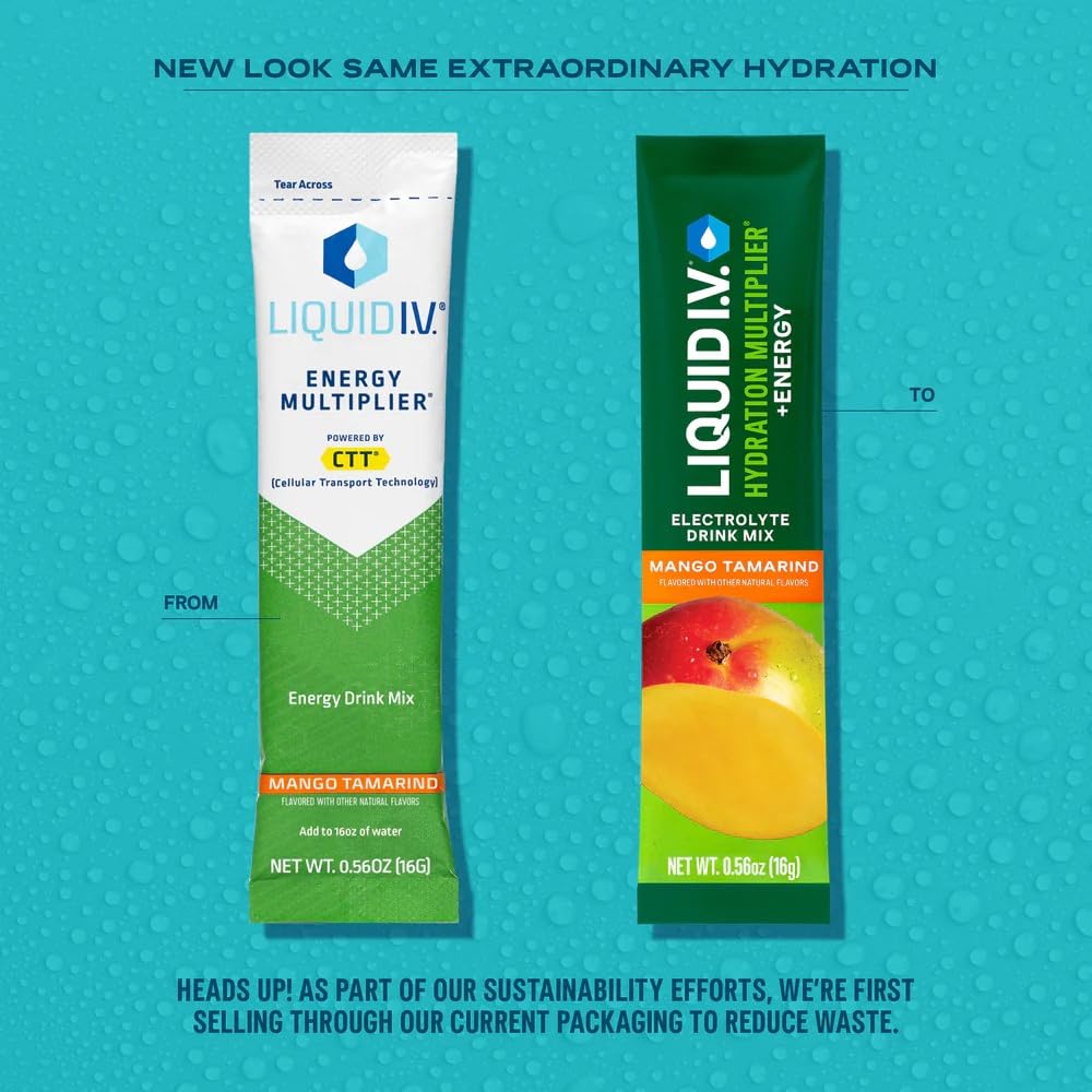 Prepared drink of Liquid I.V. Hydration Multiplier +Energy Mango Tamarind being stirred