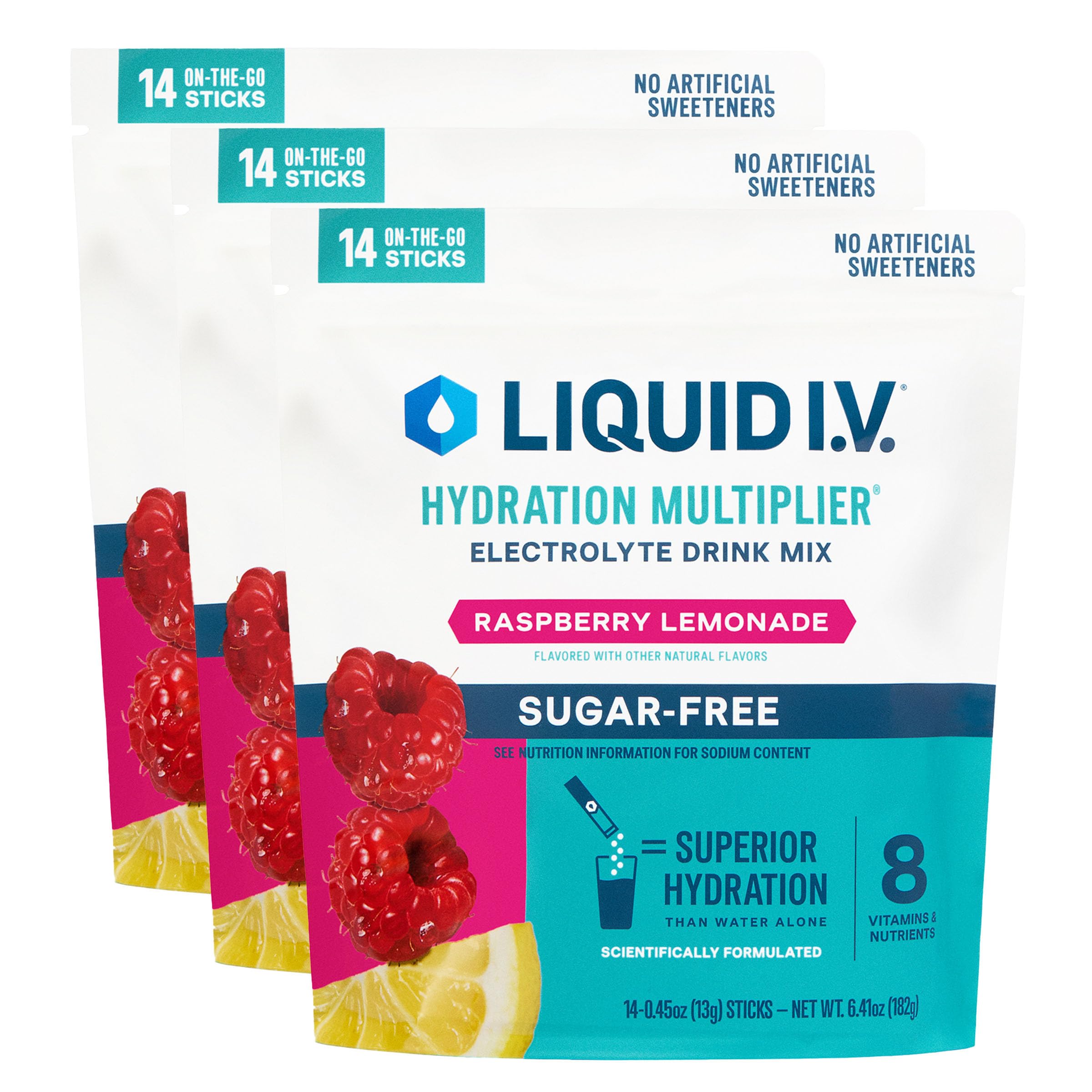 Liquid I.V. Hydration Multiplier Sugar-Free Raspberry Lemonade 3-Pack box - front view