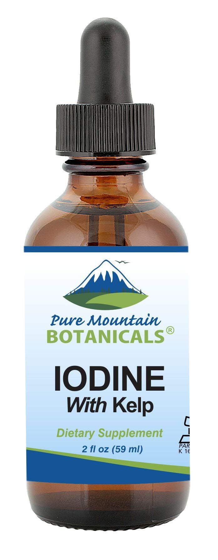 Liquid iodine 0.3% solution bottle with organic kelp label