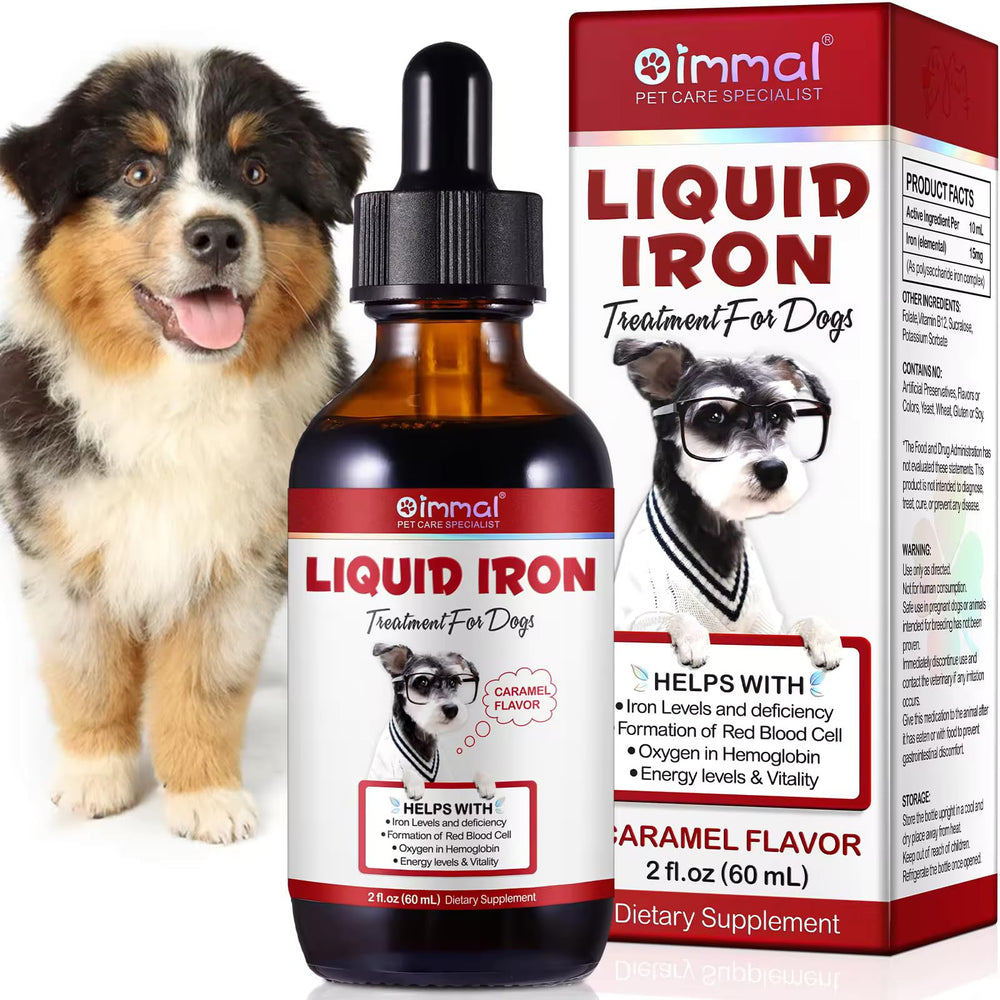 2 oz liquid iron supplement bottle labeled for dogs with folate and B12
