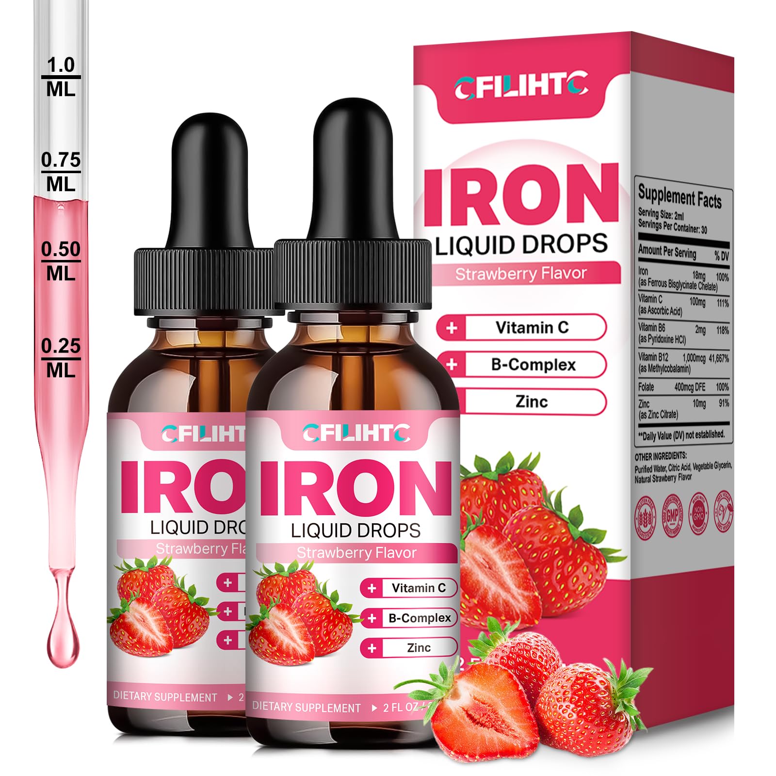 Liquid iron drops bottle with strawberry flavor for women, men, and kids