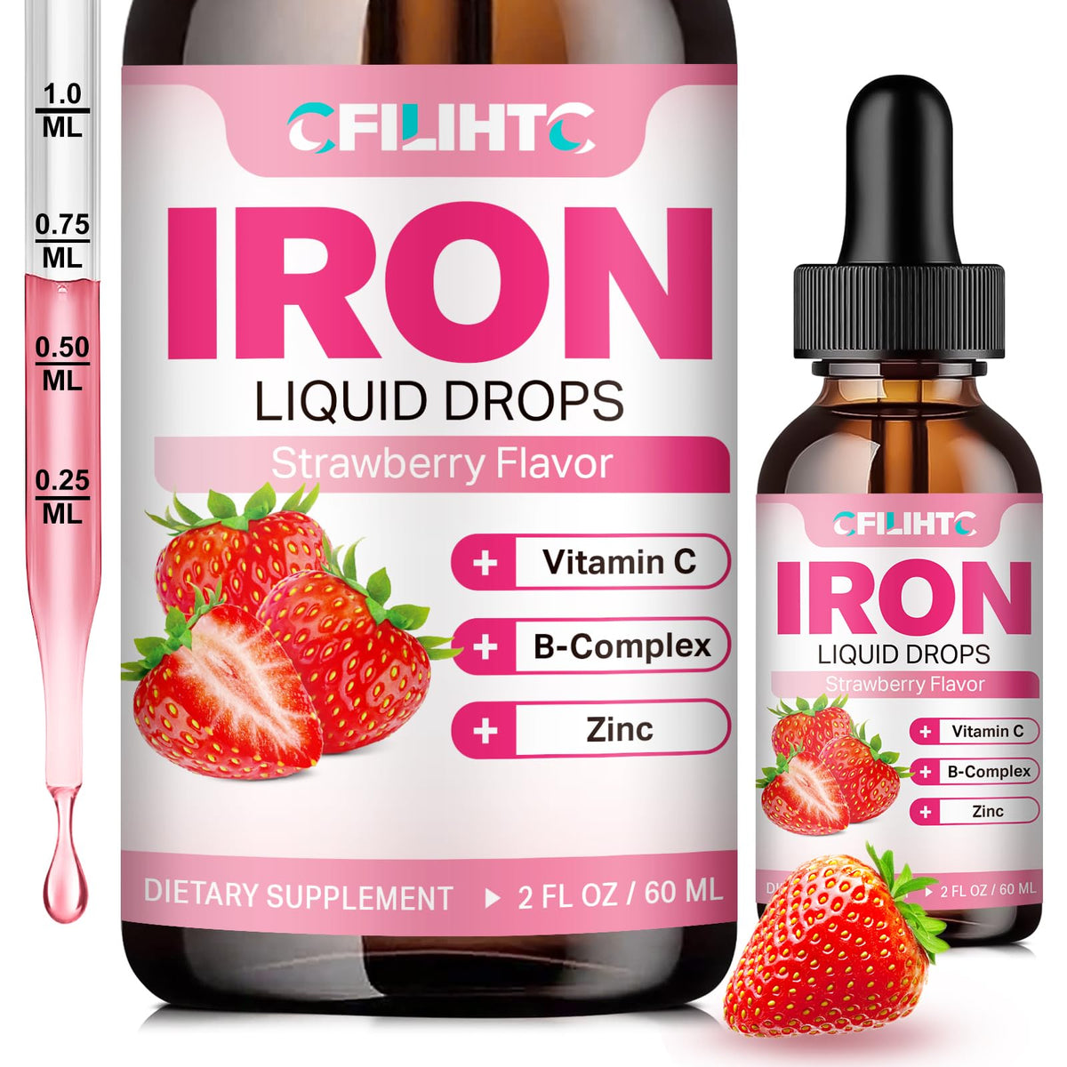 Liquid iron supplement bottle with strawberry flavor 2 oz