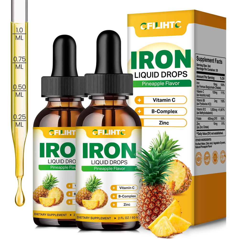 Liquid iron supplement bottle for women, men, and kids with pineapple flavor