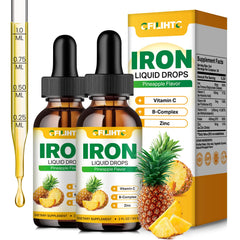 Liquid iron supplement bottle for women, men, and kids with pineapple flavor