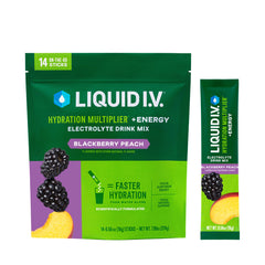 Liquid I.V. Hydration Multiplier +Energy Blackberry-Peach powder packet on white background