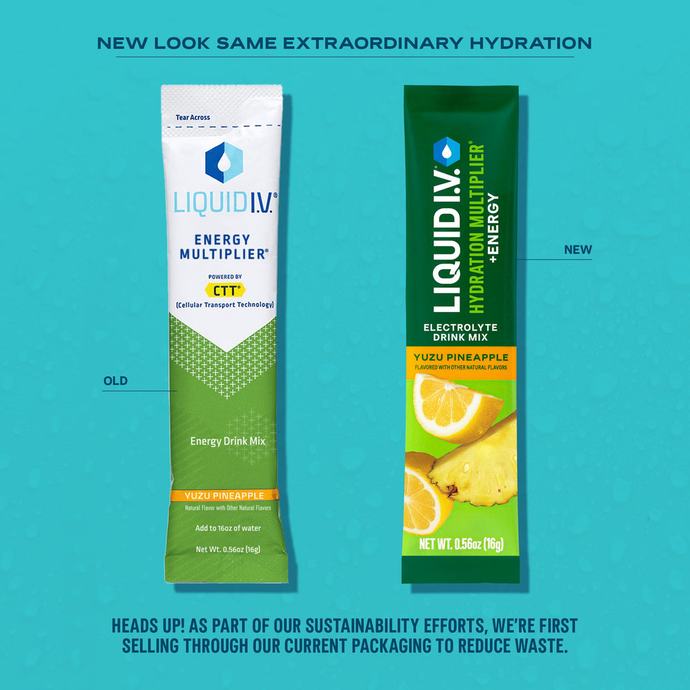 Single-serving sachet of Liquid I.V. Hydration Multiplier +Energy Blackberry-Peach