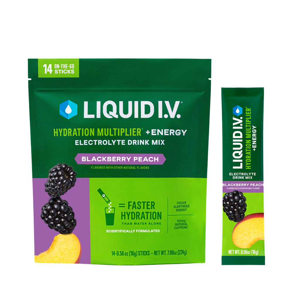 Liquid I.V Hydration Multiplier Energy Blackberry-Peach packet for on the go hydration.