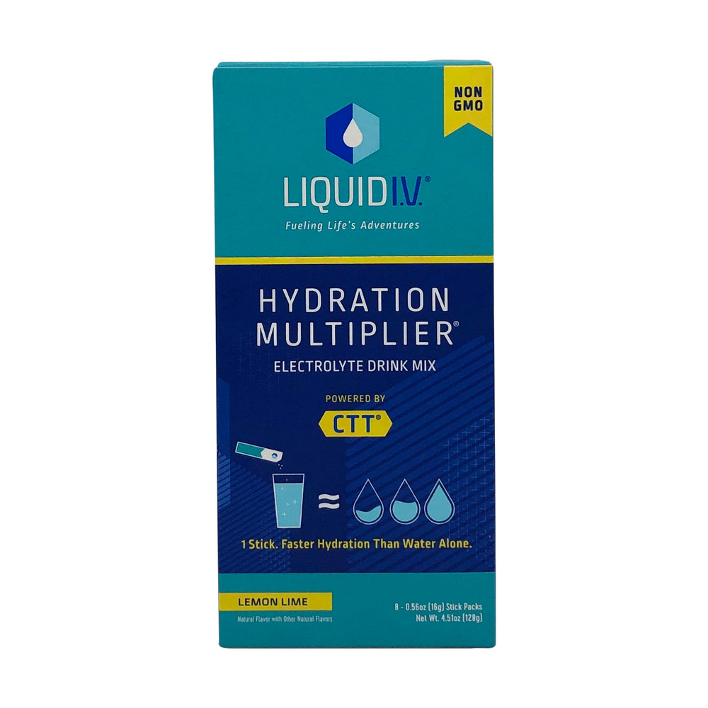 Liquid I.V. Hydration Multiplier lemon-lime packet opened for quick hydration.