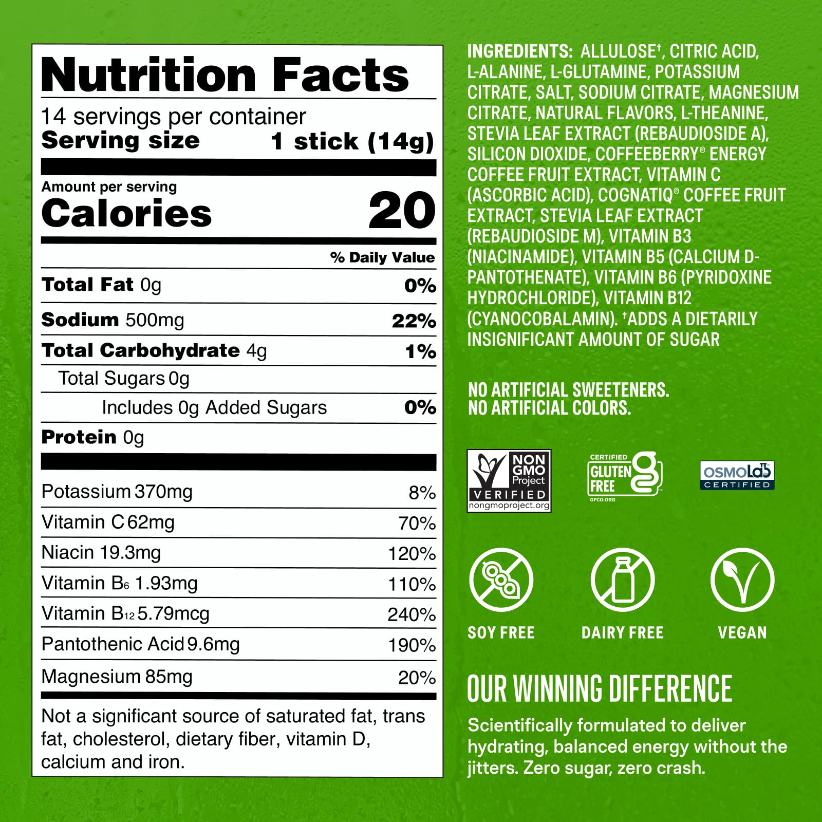 Nutrition facts label for Liquid I.V. Hydration Multiplier Sugar-Free Energy Blackberry Lemonade