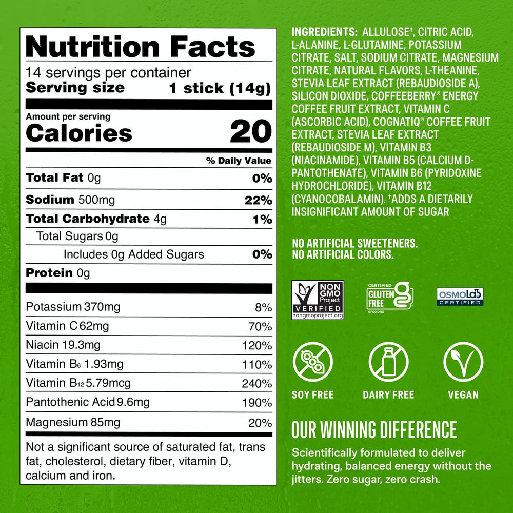 Nutrition facts label for Liquid I.V. Hydration Multiplier Sugar-Free Energy Blackberry Lemonade
