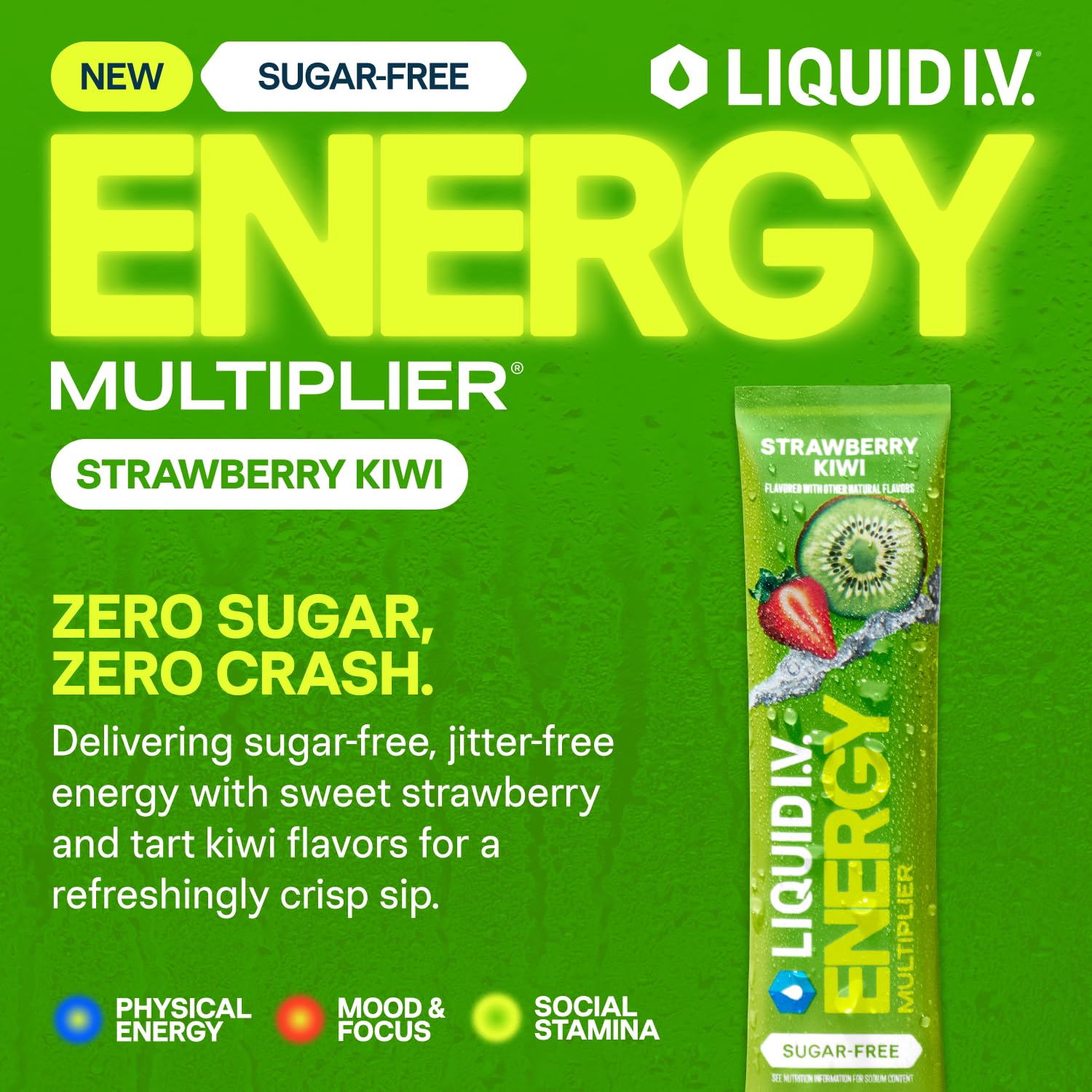 Single-serving packet of Liquid I.V. Hydration Multiplier Sugar Free + Energy Strawberry Kiwi