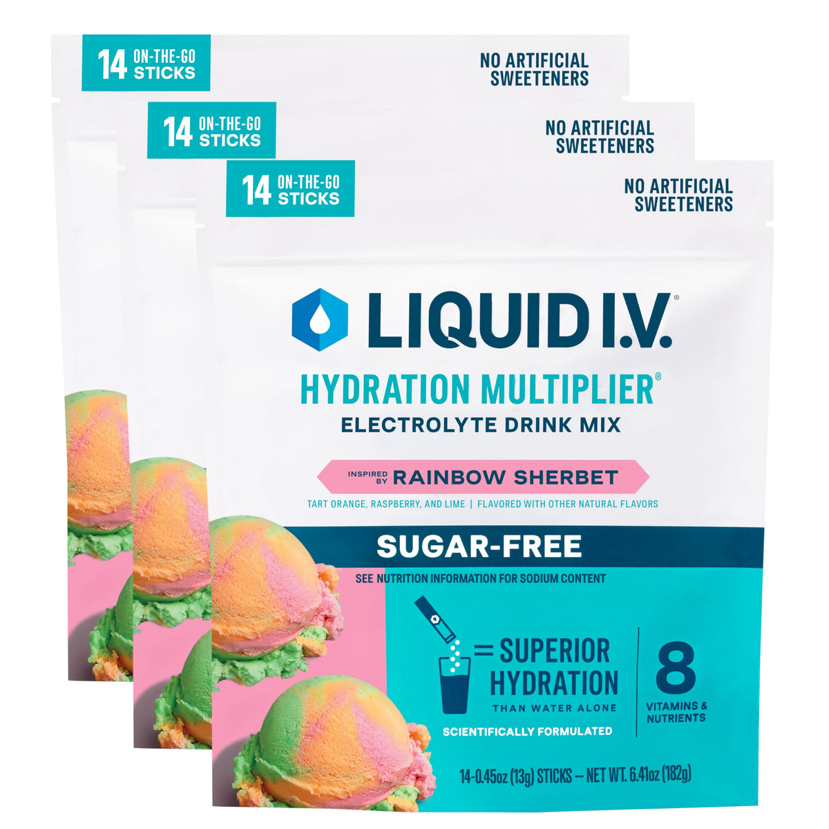 Liquid I.V. Hydration Multiplier Sugar-Free Rainbow Sherbet 3-Pack - front display