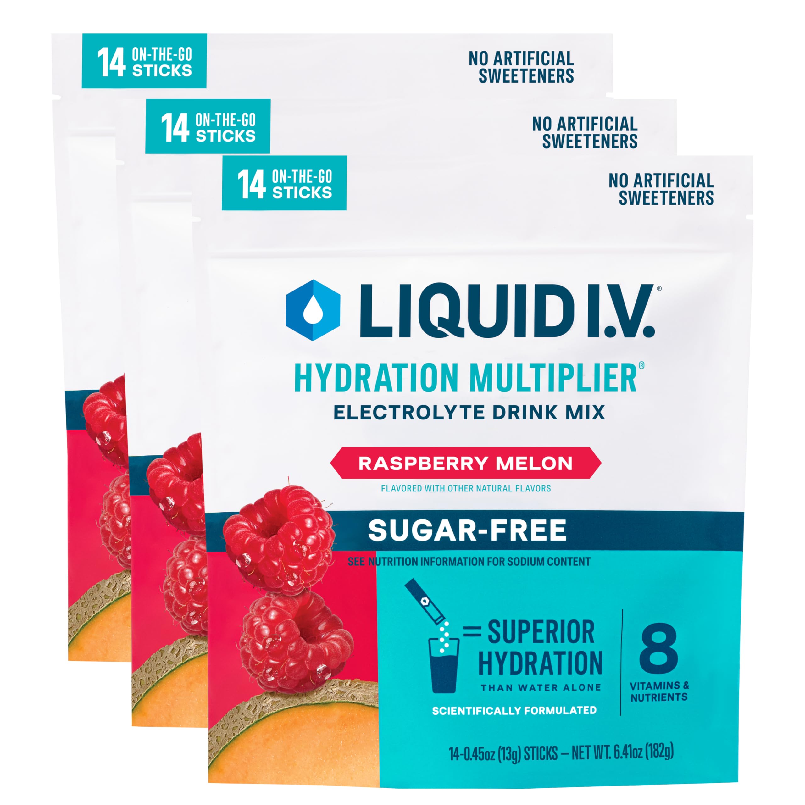 Liquid I.V. Hydration Multiplier Sugar-Free Raspberry Melon product box with packets