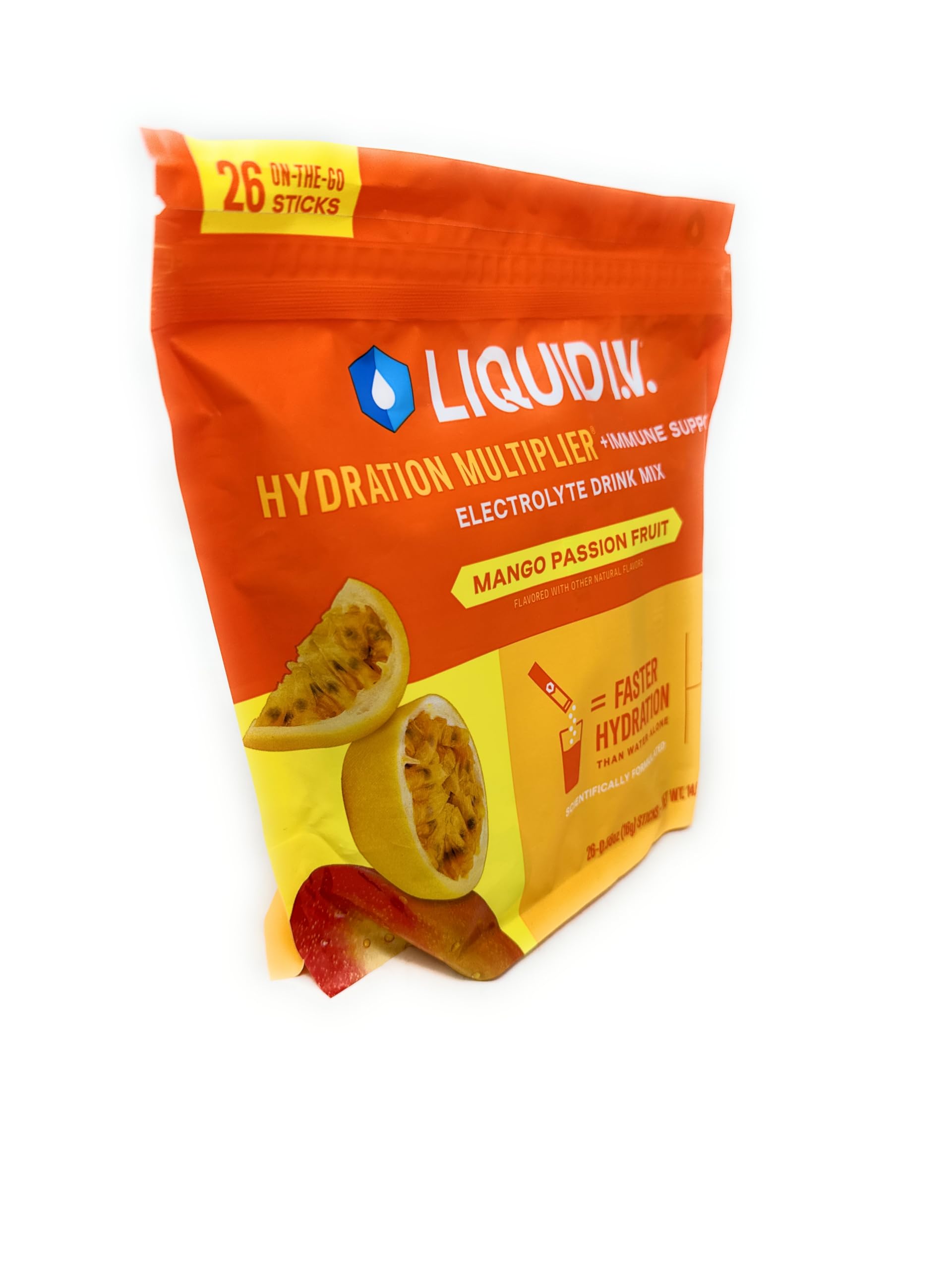 Liquid I.V. Hydration Plus Immune mango-passionfruit resealable pouch for on-the-go hydration