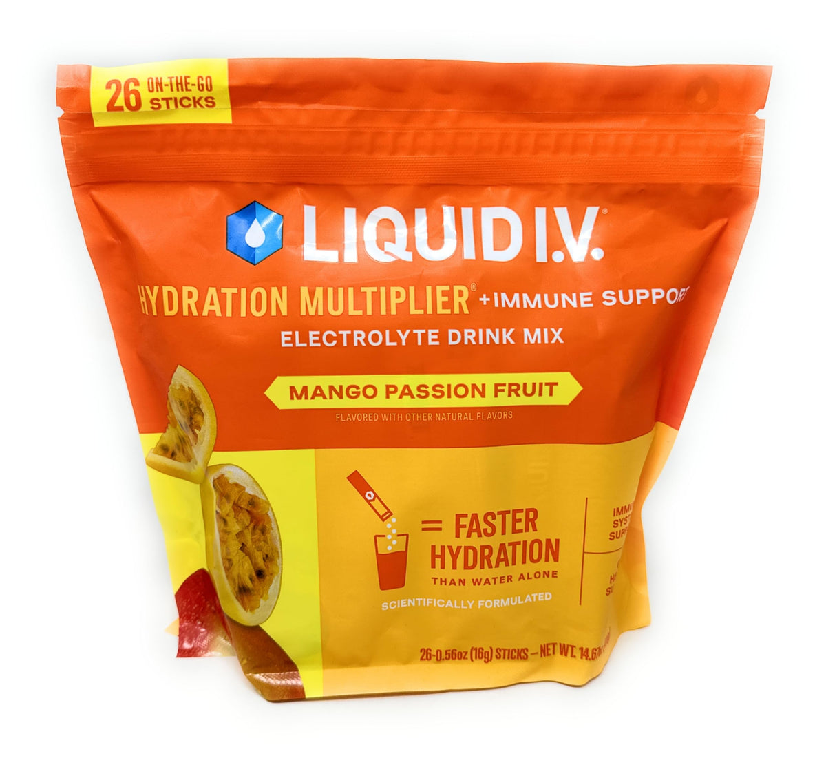 Liquid I.V. Hydration Plus Immune sticks closeup dissolving in water for faster hydration
