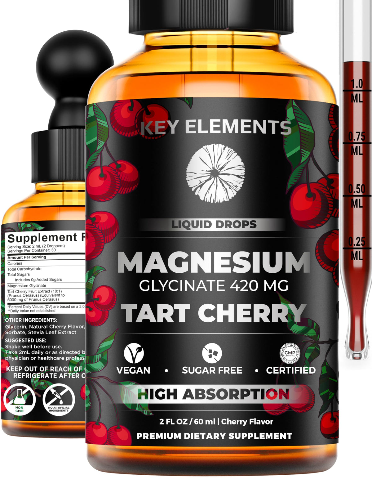 Bottle of Liquid Magnesium Glycinate 420 mg with Tart Cherry Extract