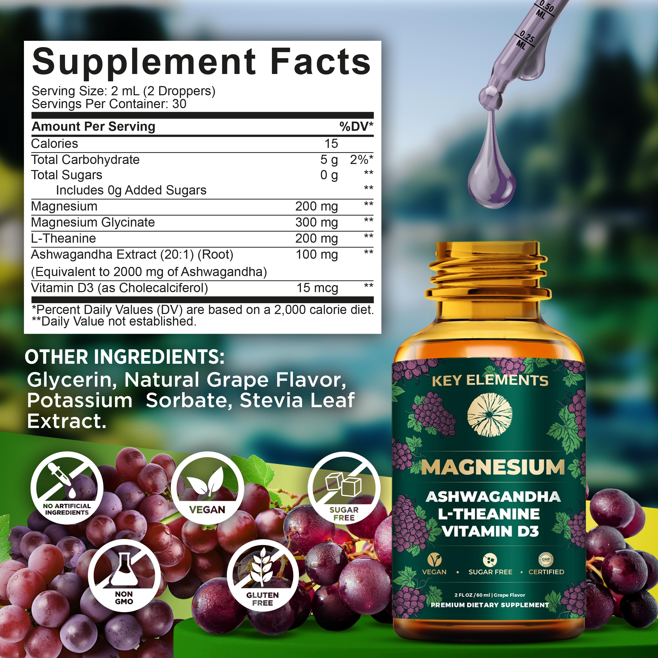 Usage illustration: 2 mL daily dropper for calm lifestyle