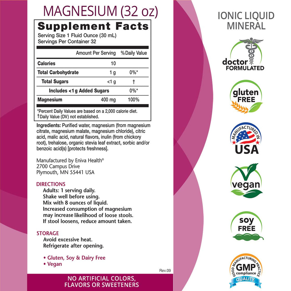 Back label of magnesium supplement bottle showing ingredients and warnings.