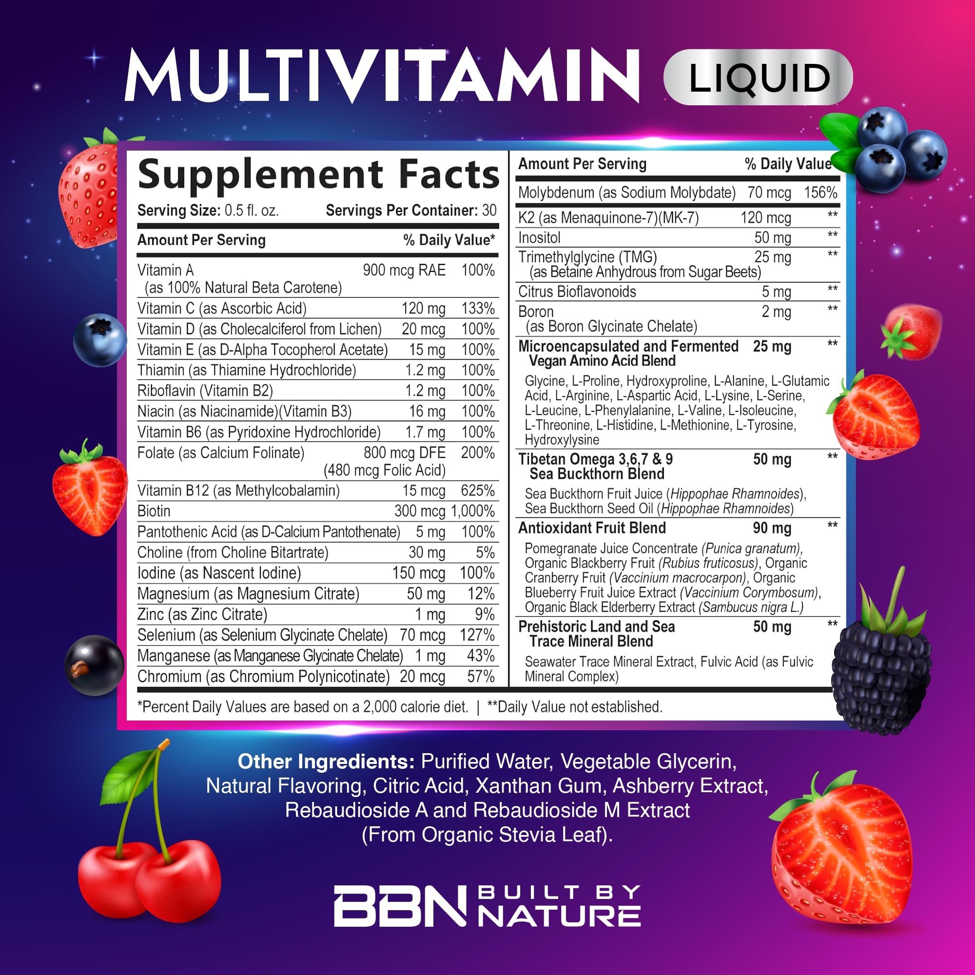 Liquid multivitamin being poured into a glass with berry flavor