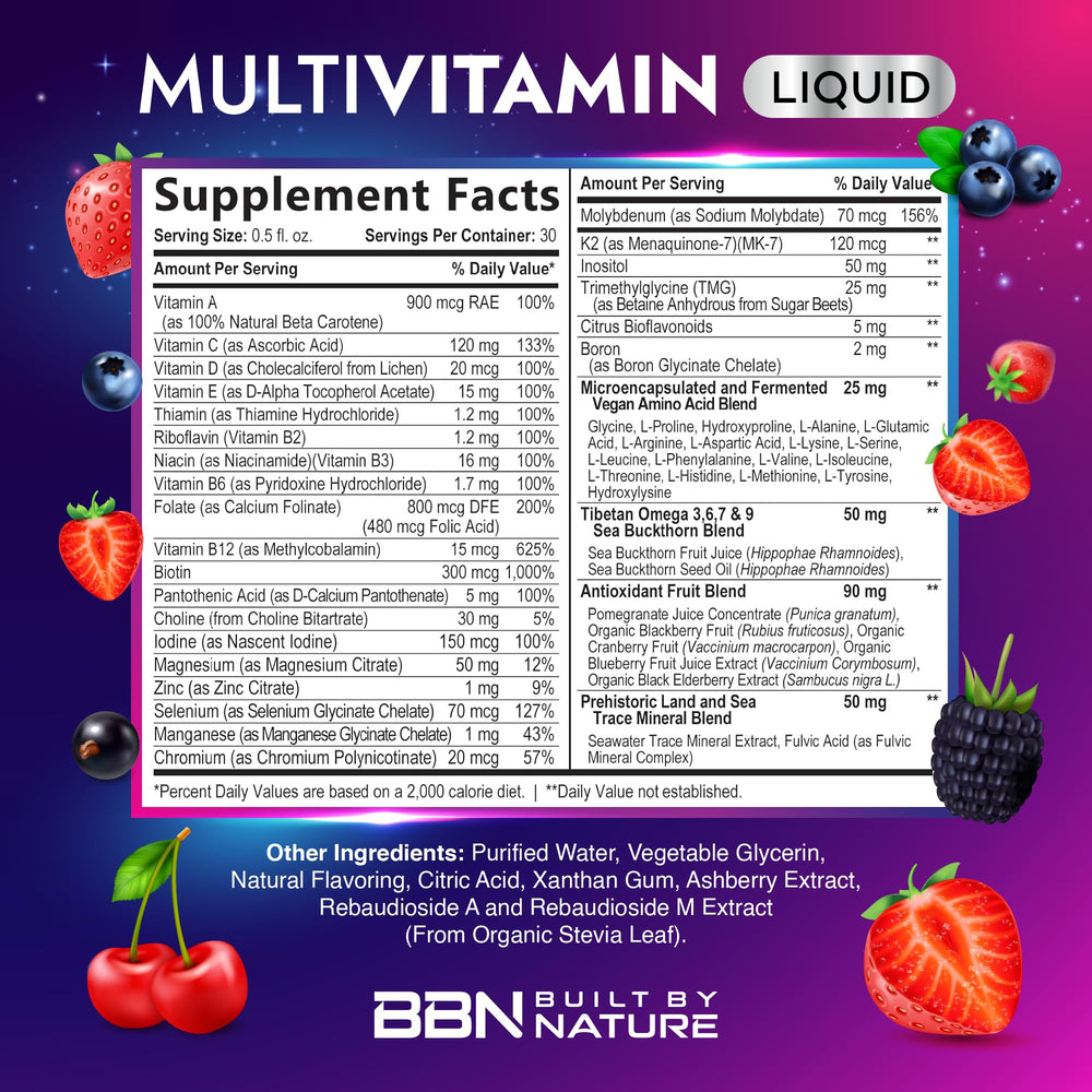 Liquid multivitamin being poured into a glass with berry flavor