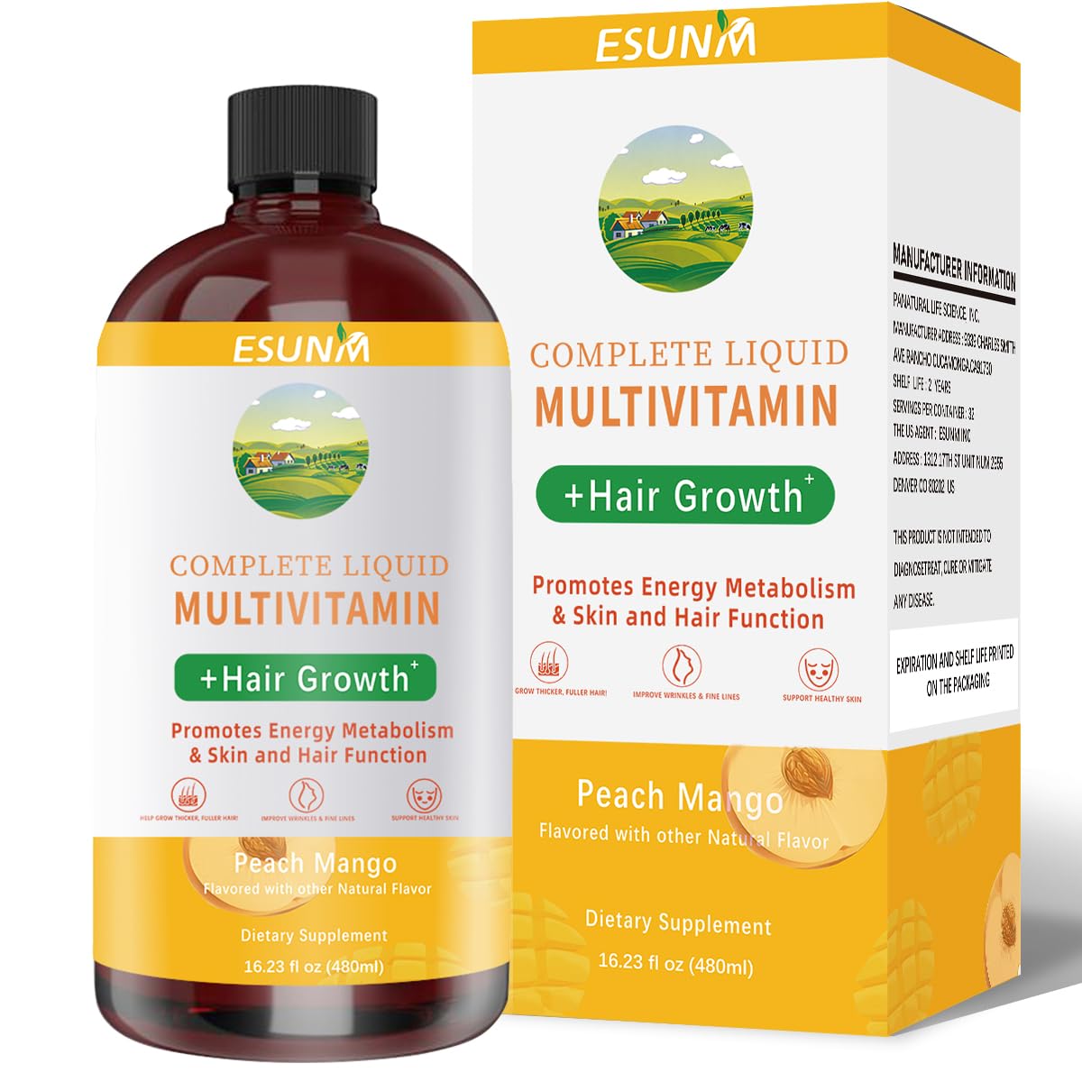 Bottle of peach mango liquid multivitamin for hair growth