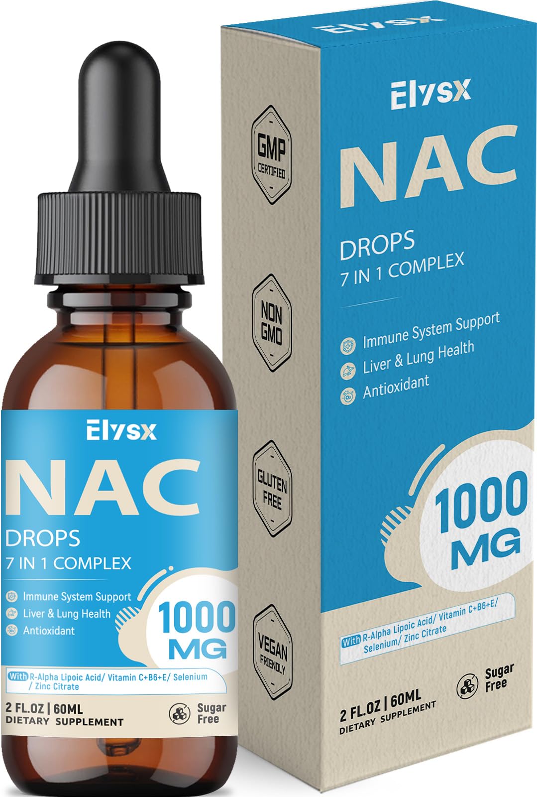 Liquid NAC Drops bottle with lemon flavor, 1000mg NAC per serving, 2 oz