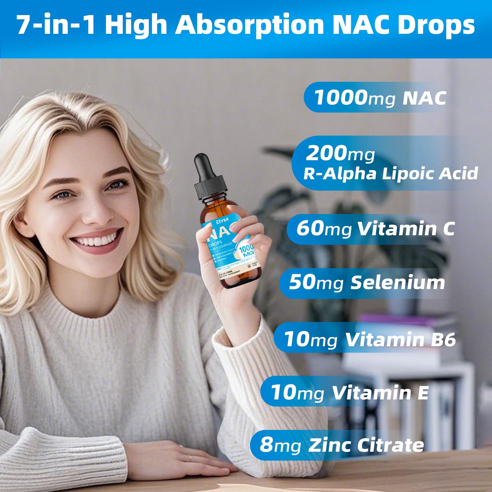 Ingredient panel showing NAC, alpha-lipoic acid, vitamin C, vitamin E, and zinc