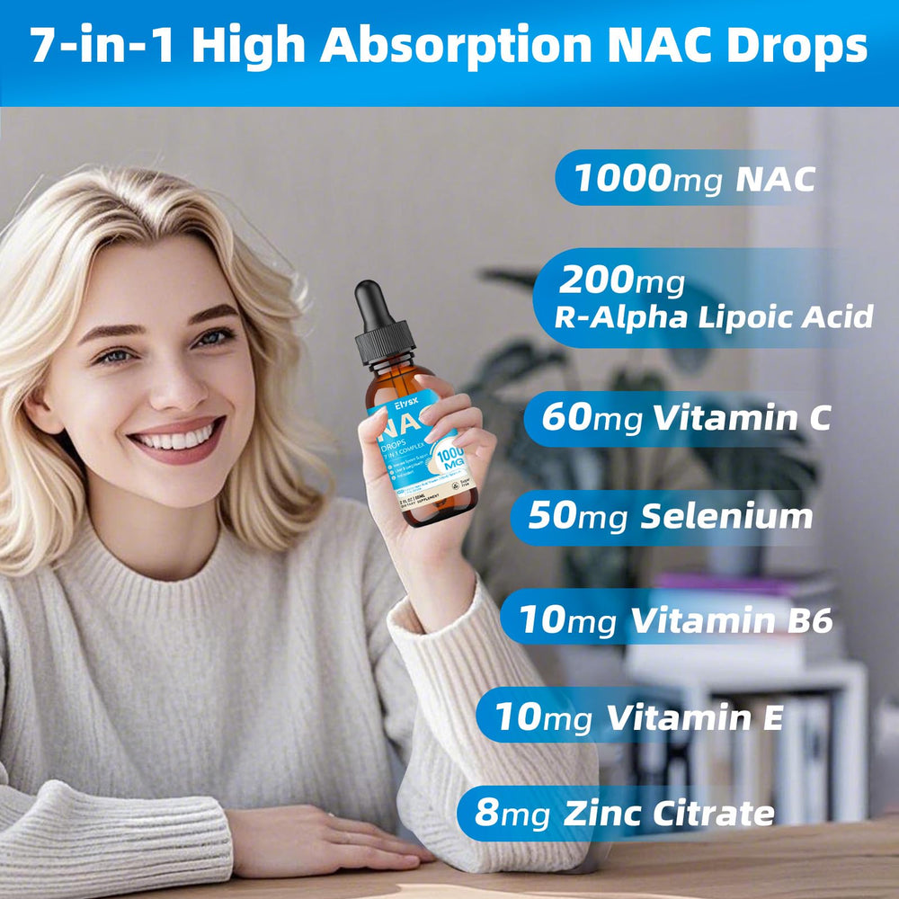 Ingredient panel showing NAC, alpha-lipoic acid, vitamin C, vitamin E, and zinc