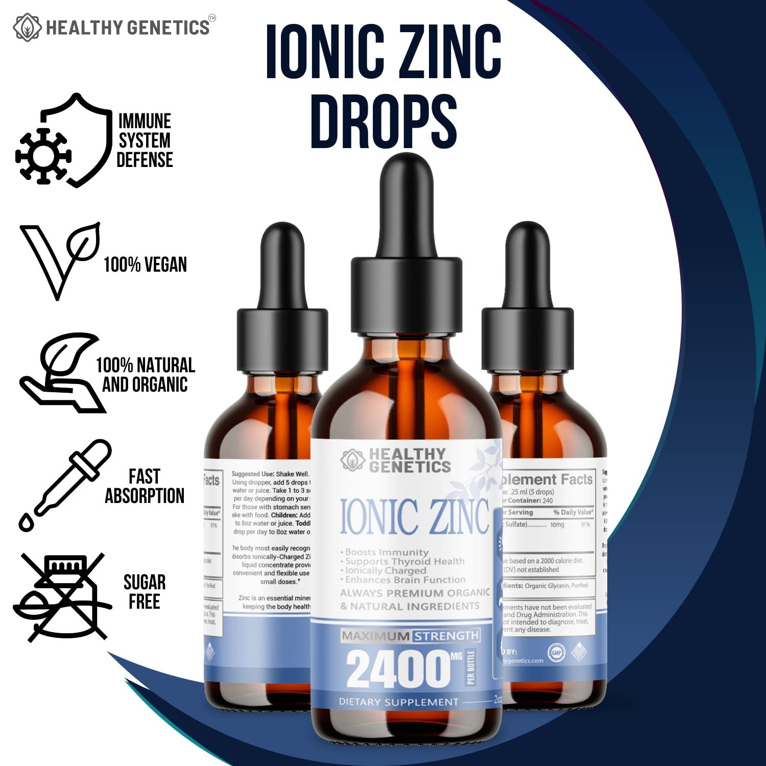 Liquid Zinc Drops bottle with label showing zinc sulfate 2400mg
