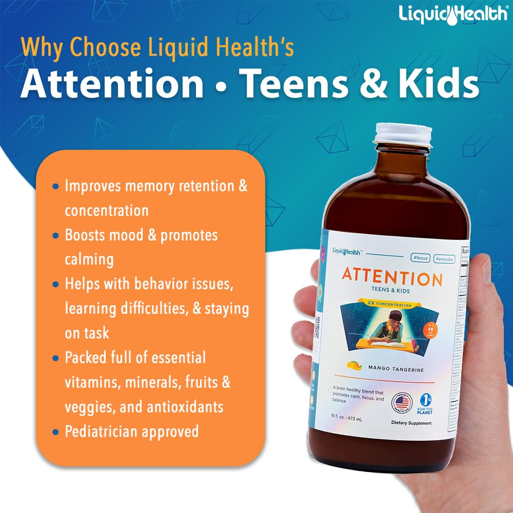 Child taking LiquidHealth Attention liquid multivitamin with a glass of juice