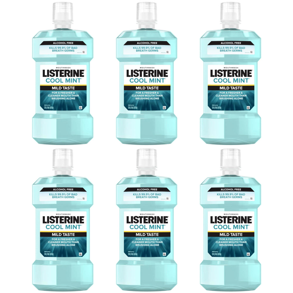Front view of Listerine Cool Mint Alcohol-Free Mouthwash 500 mL 6-pack