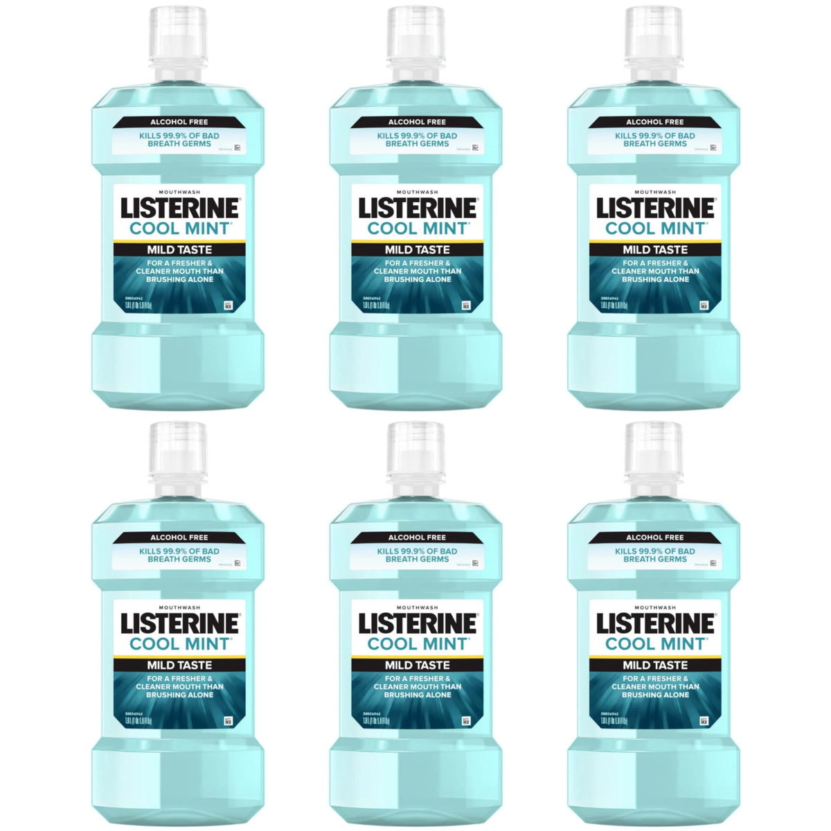 Front view of Listerine Cool Mint Alcohol-Free Mouthwash 500 mL 6-pack