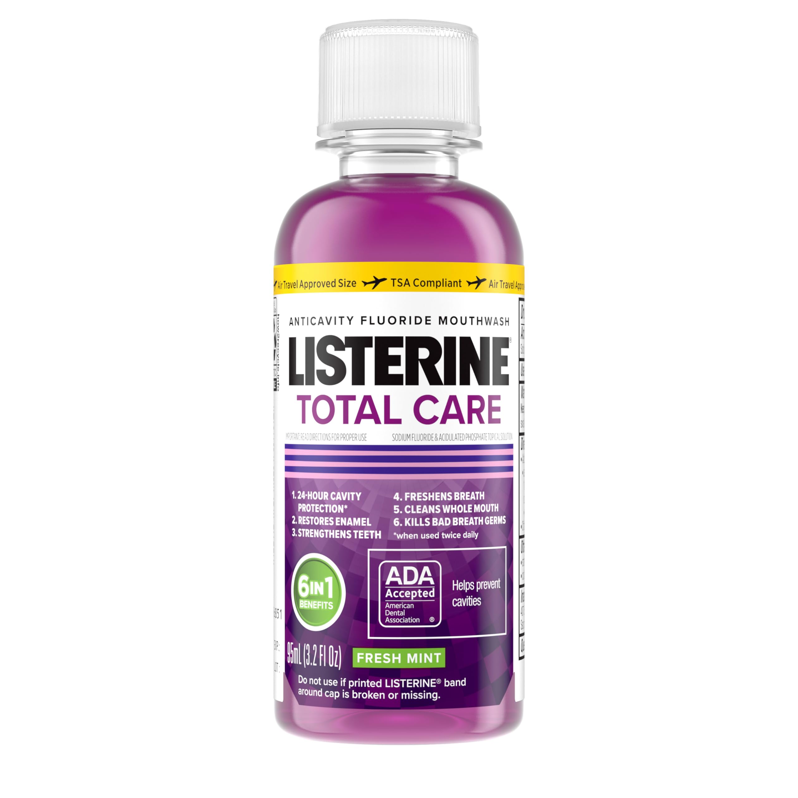 Front view of Listerine Total Care Anticavity Mouthwash Fresh Mint bottle (3.2 oz)