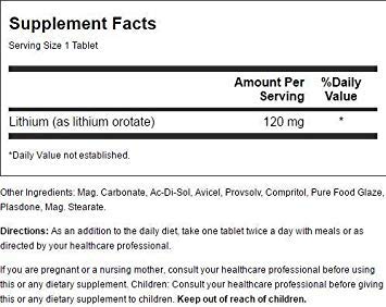 Product pack shot showing bottle label with 4.6 mg elemental lithium per tablet