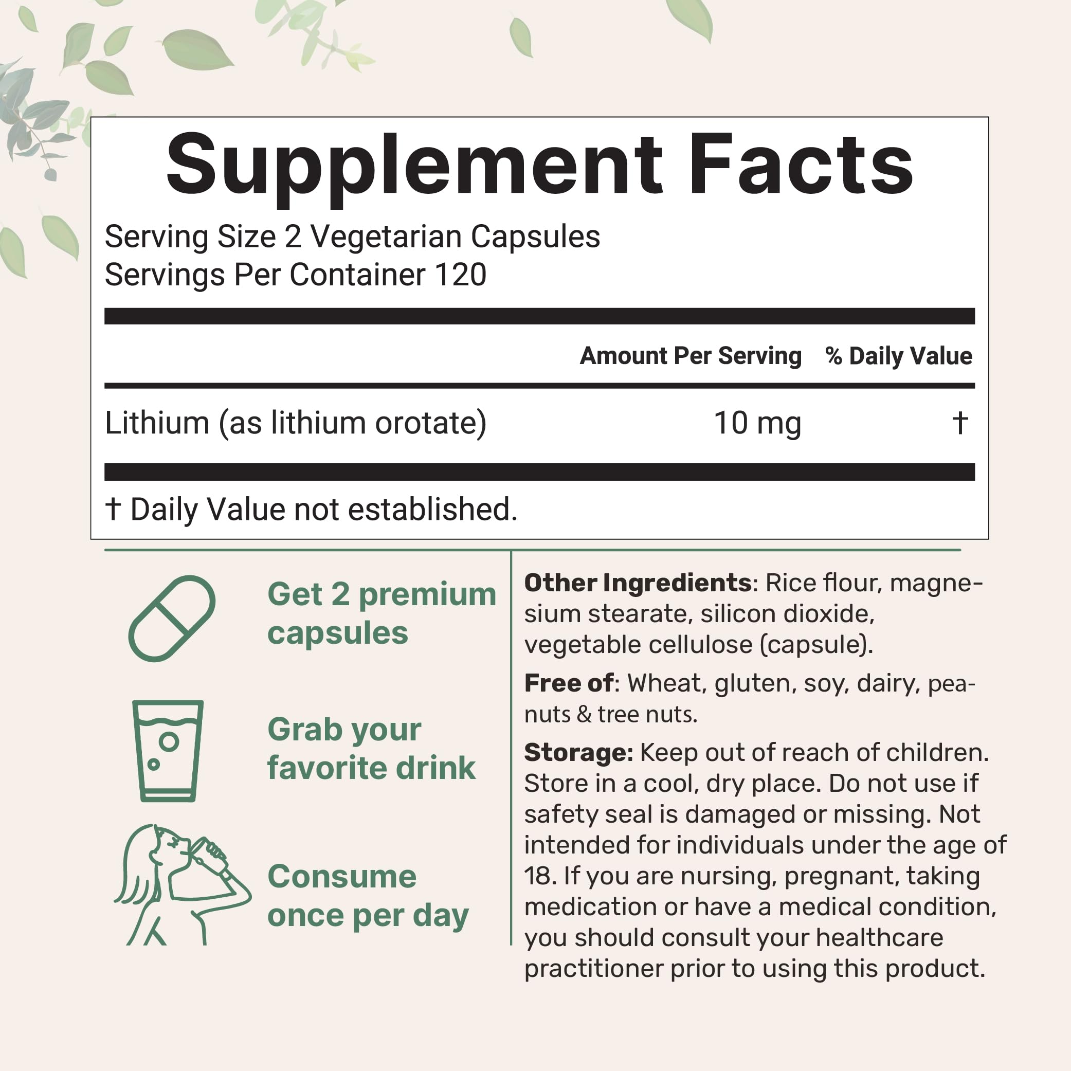 Label close up for Lithium Orotate 10mg bottle