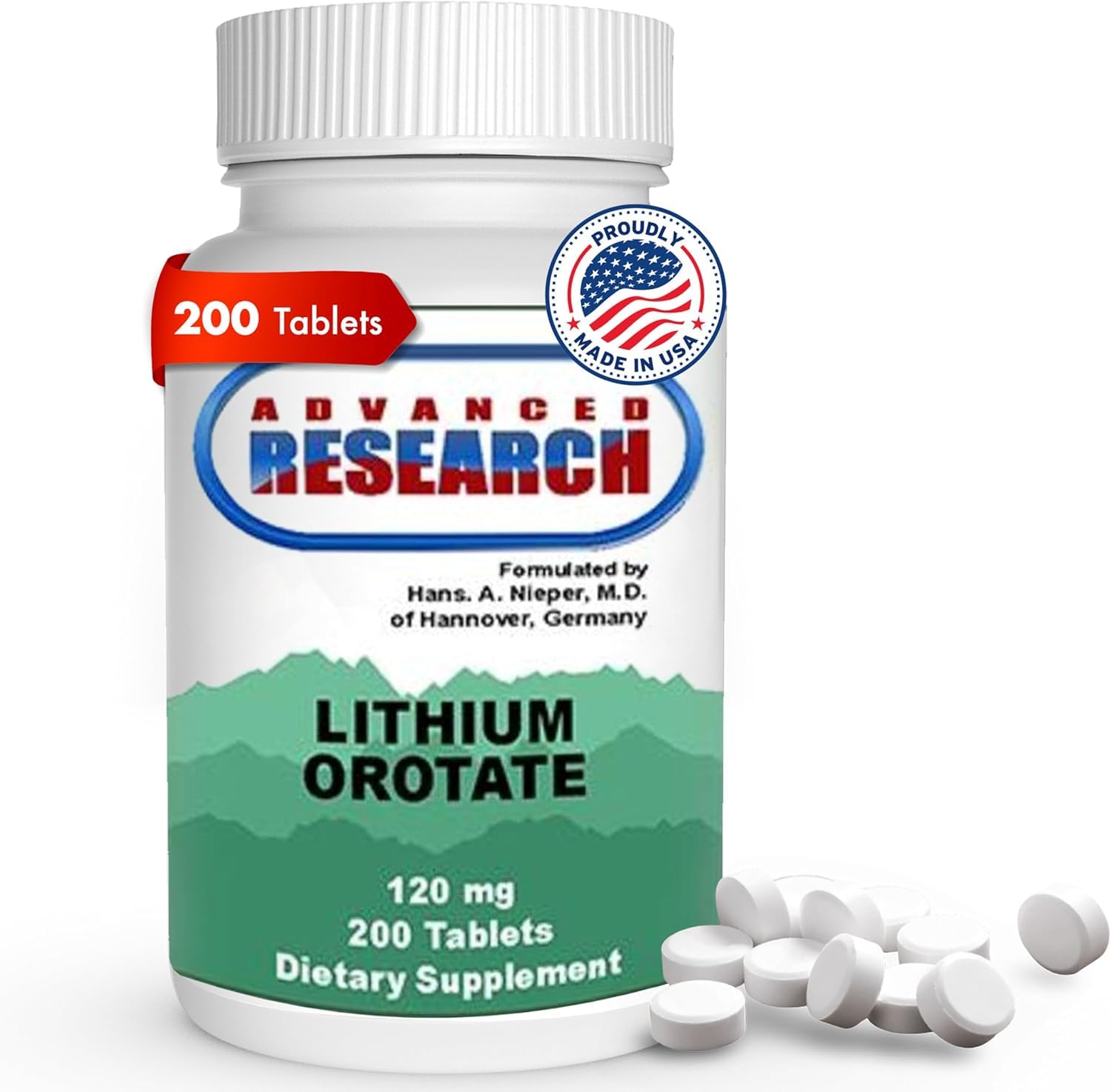 Lithium Orotate 120 mg 200 tablets bottle