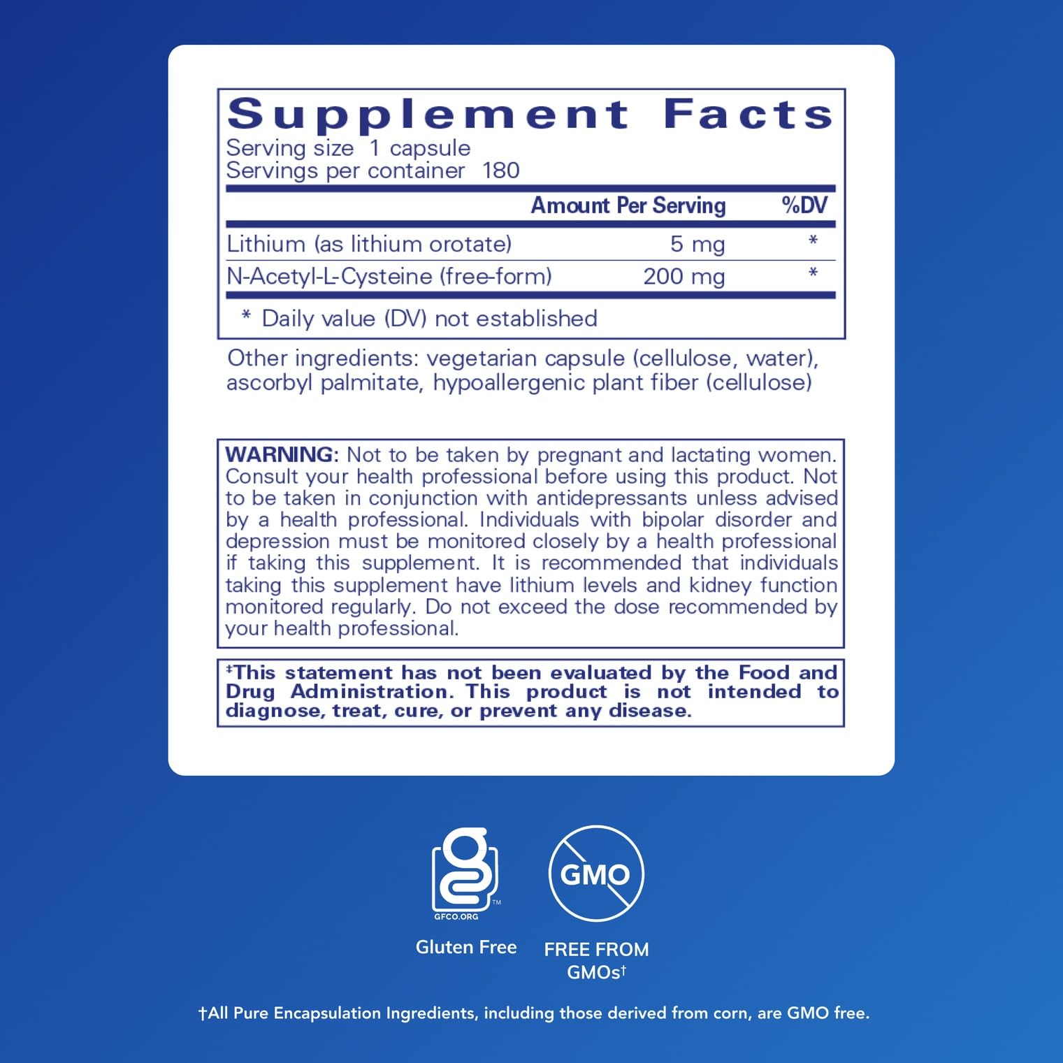 Close-up of lithium orotate 5 mg and NAC ingredients