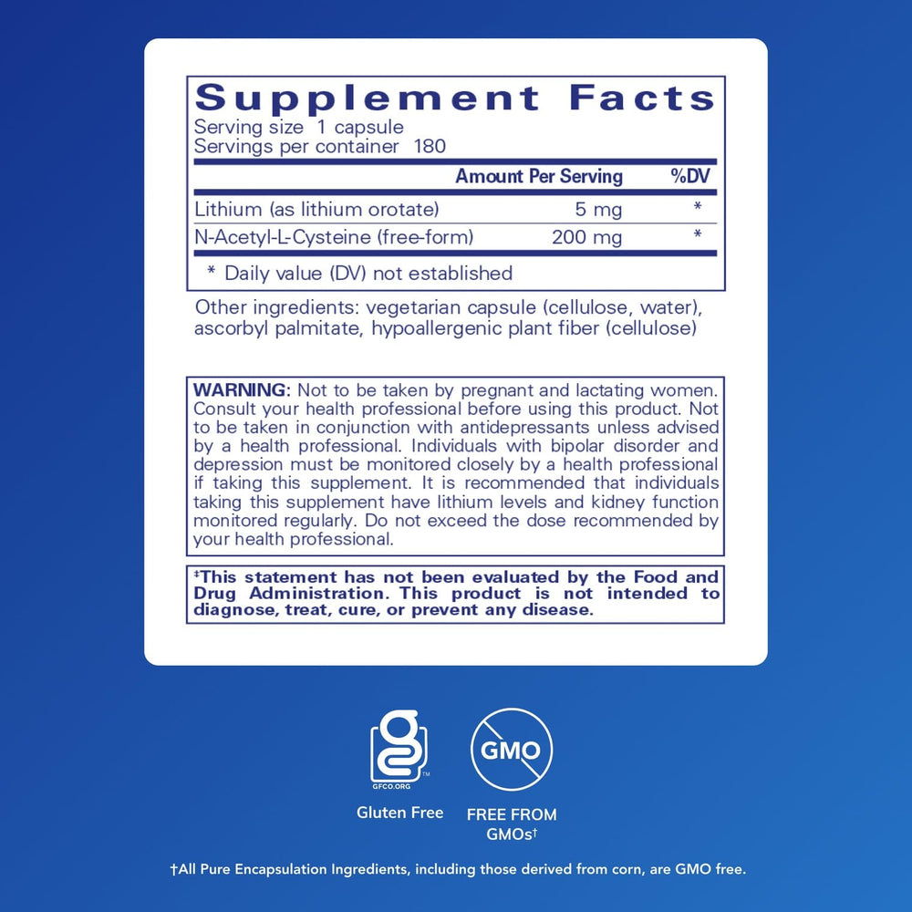 Close-up of lithium orotate 5 mg and NAC ingredients