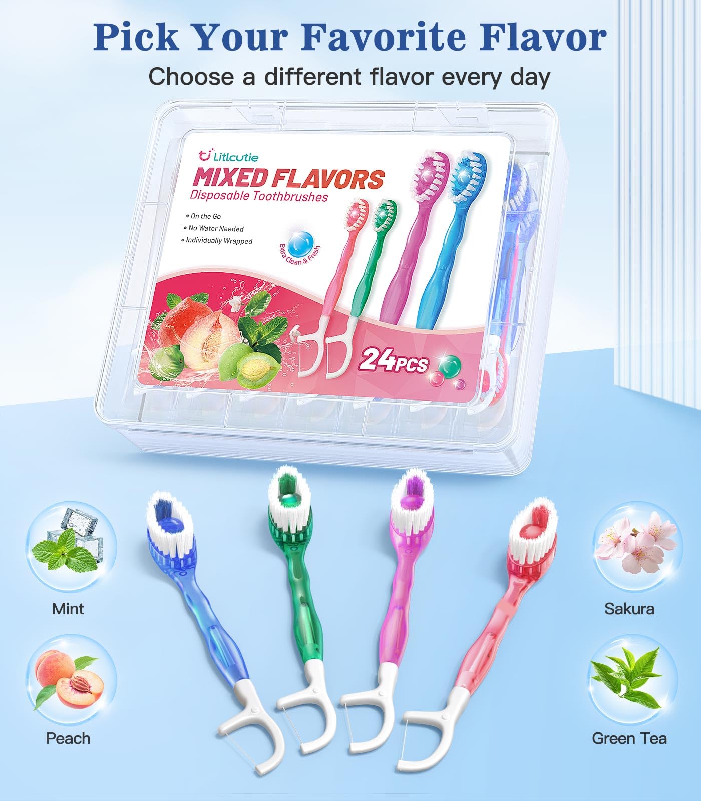 Litlcutie travel set packaging and individually wrapped brushes