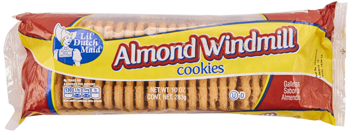 Front of Little Dutch Maid Almond Windmill Cookies 10oz package