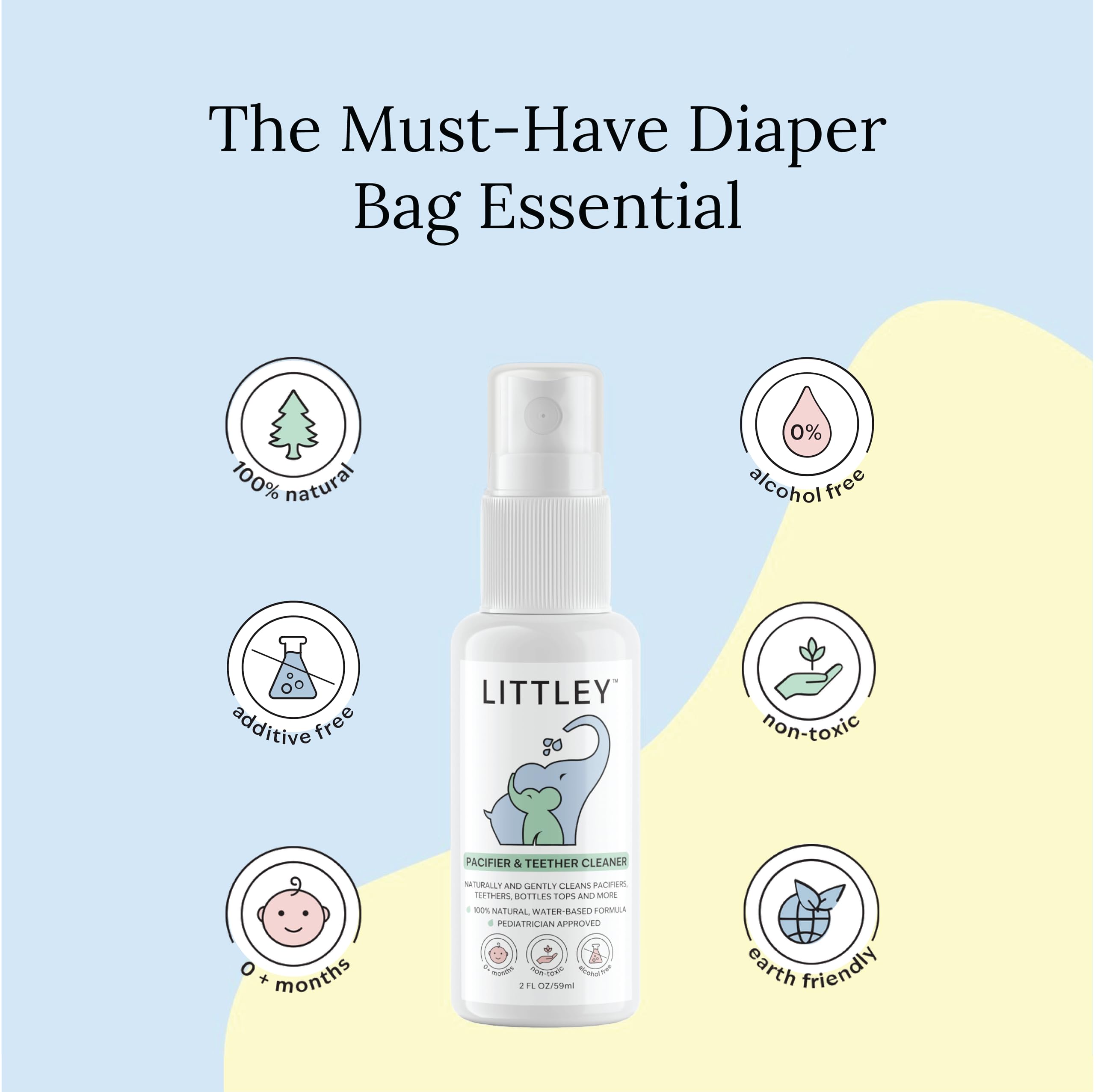 Spray onto pacifier or teether for cleaning on the go